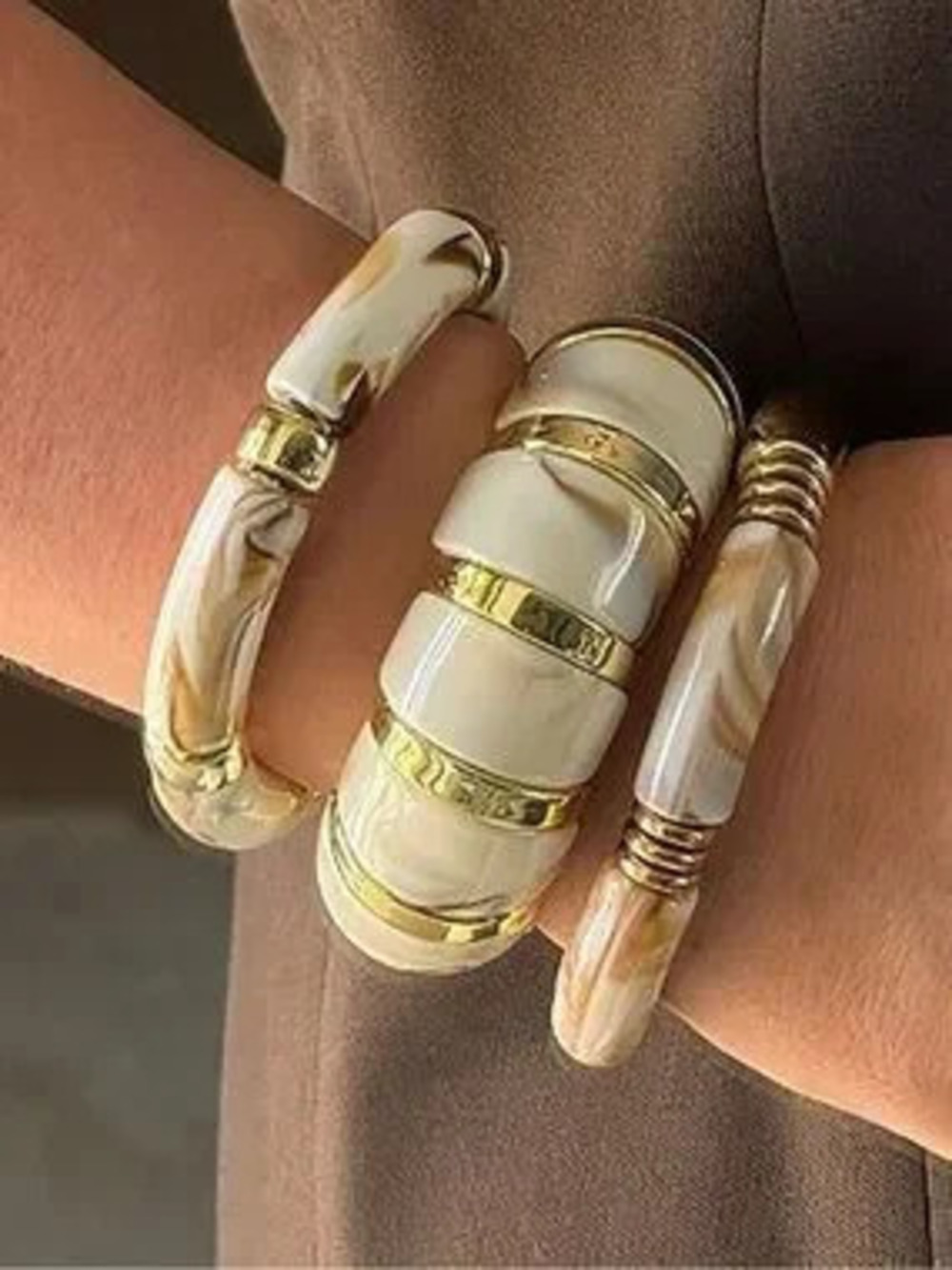 Ivory Marbled Resin Cuff Bracelet Set